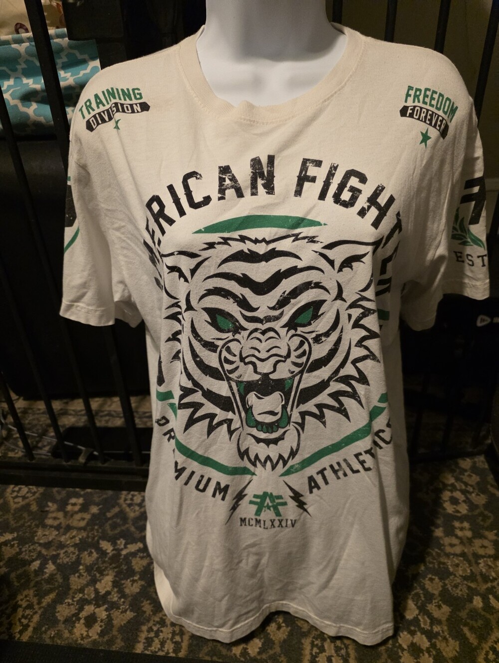 American Fighter Cream Tee with Green & Black Tiger Graphic